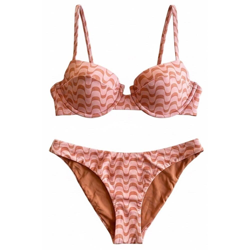 Dippin’ Daisy’s Bikini Set XS Pink Wave Print Two Piece Swimsuit Women’s